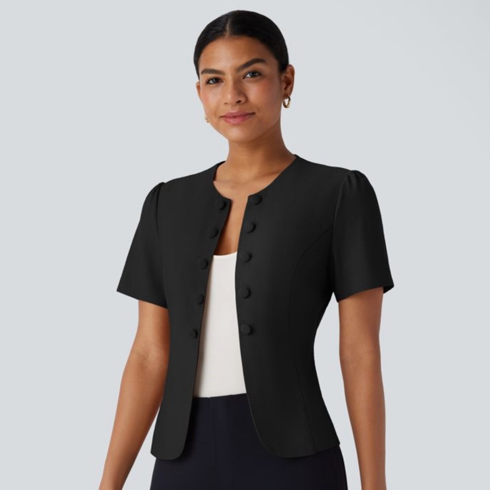 Round Neck Short Sleeve Decorative Slim Work Linen-Feel Jacket